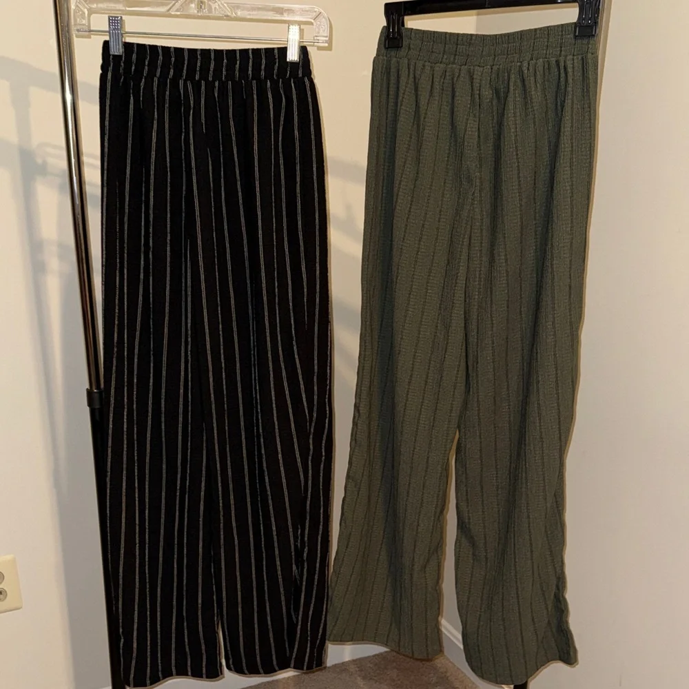 Striped Black & White and Olive Green & Black Straight Leg Pants